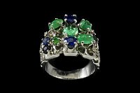 Anel Platina Paládio Brilhantes Safiras Esmeraldas