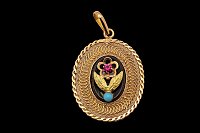 Medalha Oval Flor Ónix Turquesa Zircónia Rosa